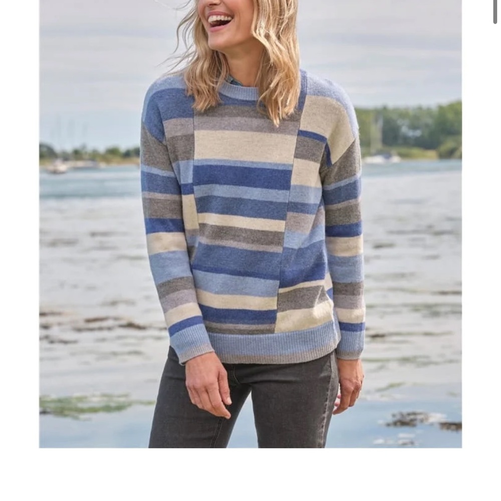 WoolOvers-‎ 100% Lambswool Blue and Gray Sweater with Asymmetrical Stripes-Med